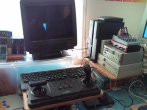 Superdeadite's X68000 setup with Tri-sync monitor, analogue stick and external MIDI controllers