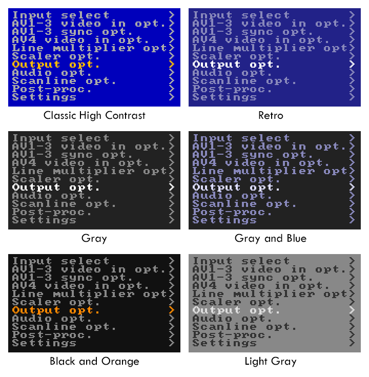 Suggested alternative color schemes for OSSC Pro menus